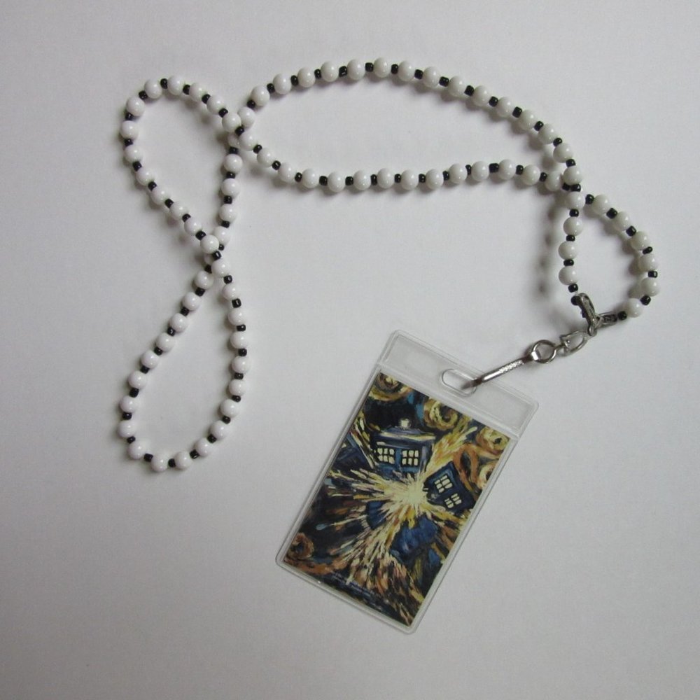 Beaded Lanyard Necklace badge ID holder B&W